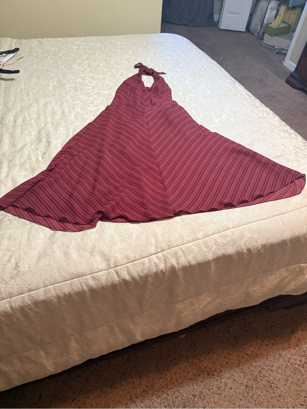 Women’s Halter Nightdress - Burgundy Stripe